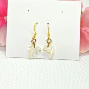 Vintage Hand Carved Mother of Pearl Dolphin Dangle Earrings